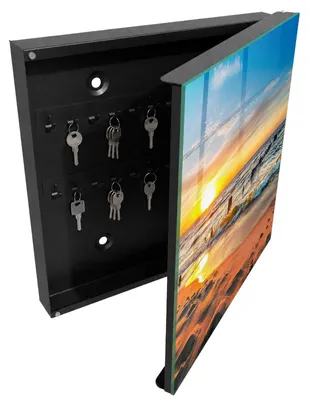Produktbild von Schwarzer Schlüsselschrank aus Metall 30 x 30 cm - Schlüsselbox zur Wandmontage mit Tür - rechts öffnender Schlüsselkasten - praktische Schlüsselaufbewahrung für Zuhause - Sonnenuntergang, KI-generiertes Bild