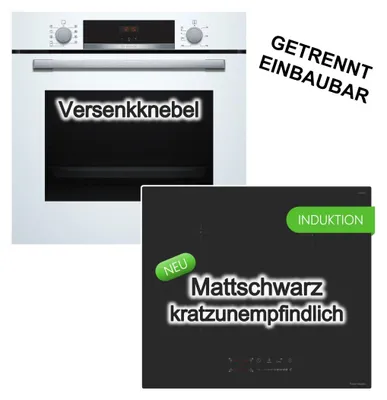 Produktbild von Herdset BOSCH Backofen weiß 3D-Heißluft Hydrolyse + keenberk Induktionskochfeld matt Booster Touch-Slider