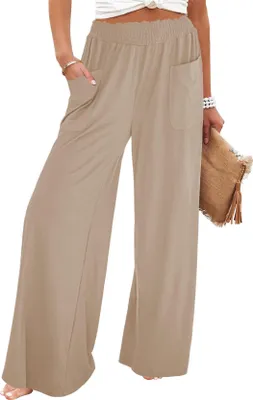 Produktbild von ASKSA Damen Weite Bein Hose Hohe Taille Palazzo Sommerhose Einfarbig Lockere Elegante Strandhose Freizeithose mit Taschen (Aprikose,M)