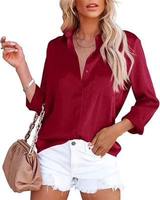 ASKSA Damen Satin Bluse Elegant V-Ausschnitt Dunkelblau M