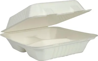 Produktbild von Menübox, Bagasse, 3-geteilt, weiß, 22,3x20x7,8 cm   | Packung (50 Stück)