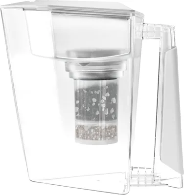 A clear plastic water filter pitcher with its filter visible inside.