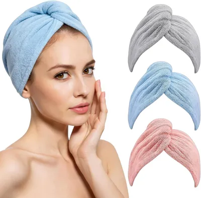Produktbild von 3 Mikrofaser-Haartücher als Turban mit Knopf, weicher Haarturban gegen Frizz, besonders saugfähig und schnell trocknend, für lange, kurze und lockige Haare