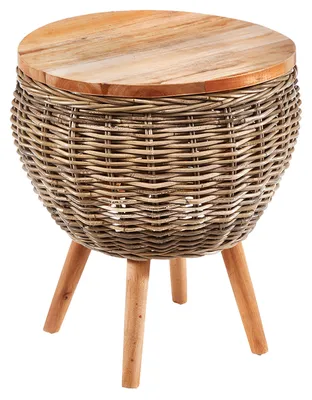 Produktbild von Kobolo stylischer Beistelltisch rund Holz ALINA aus grauem Mahagoni und Rattan | Couchtisch Wohnzimmertisch Sofatisch Nachttisch Tisch Holztisch Table