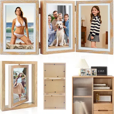 Obrázek produktu pro Rámeček na fotografie, 20 x 15 cm, 2 tužky, otočný o 360°, skládací, dřevěný rámeček na fotografie pro umístění na stůl