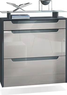 Produktbild von Vladon Schuhschrank Annie, Schuhkipper für 16 Paar Schuhe mit 2 Klappen, 1 Schublade und Glasablage, Anthrazit matt/ Sandgrau Hochglanz, Griffmulden in Grau Hochglanz (89 x 96 x 23 cm)