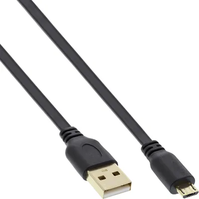 Produktbild von InLine Micro-USB 2.0 Flachkabel, USB-A Stecker an Micro-B Stecker, 0,3m, 0,3 m, USB A, Micro-USB B, USB 2.0, Schwarz