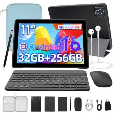 Obrázek produktu pro JENBIZZ Tablet 11 palců, Android 16, 256 GB (1 TB přes TF kartu), 32 GB RAM, WiFi 6, displej IPS HD, duální fotoaparáty, 2-v-1 s klávesnicí, perem, pouzdrem a taškou, barva: modrá