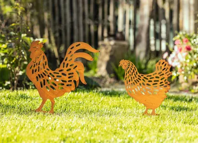 Image de 2x fiches de jardin "Poulet & Coq" en métal avec rouille véritable, 38 + 45 cm de haut, décoration de rouille, fiche de décoration, décoration de jardin pour l'extérieur