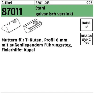 Produktbild von T-Nutenmutter R 87011 m.Fhrungssteg auen 6mm M 5 Stahl galvanisch verzinkt