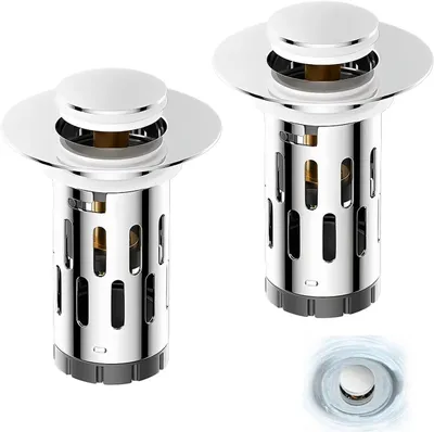 Produktbild von Waschbeckenstöpsel mit Sieb, 2 Stück, Pop-up Abflussstopfen aus Edelstahl für 34-40 mm Ablauf, Anti-Verstopfung für Küche und Bad