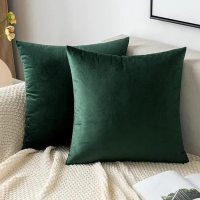 Zdjęcie produktu dla Zestaw 2 poszewek na poduszki z aksamitu, 40 x 40 cm, ciemnozielone – dekoracyjne poszewki z ukrytym zamkiem błyskawicym, idealne do sofy i sypialni