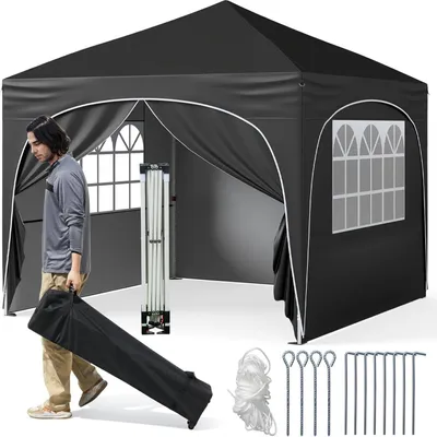 Produktbild von GOPLUS 3 x 3 m Pop-up-Pavillon, Faltpavillon mit 4 abnehmbaren Seitenwänden, Faltbarer Gartenpavillon mit 4 Sandsäcke, Schwarz