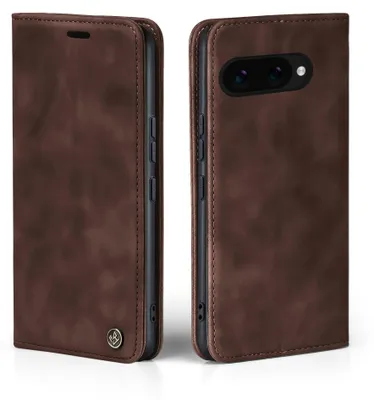 A brown flip-style phone case for a Google Pixel phone is shown from two angles.