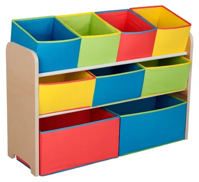 Image de Organisateur en bois pour enfants, étagère, meuble de rangement pour jouets et livres – 3 niveaux avec 9 boîtes en tissu – COULEURS