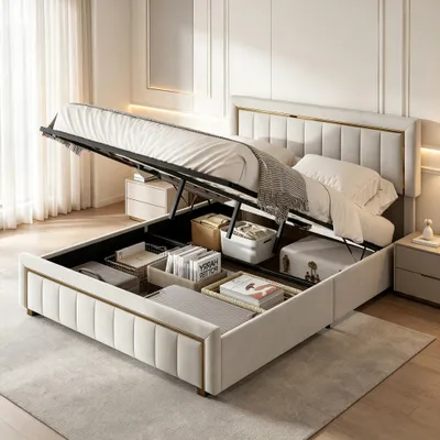Produktbild von INONEFT Hydraulisches Stauraumbett 140x200cm, Boxspringbett mit lattenrost, Polsterbett Doppelbett, jugendbett, Bettgestell, Samt, Beige