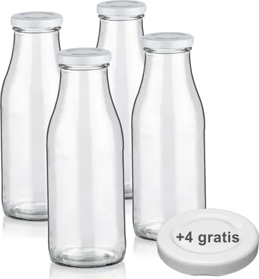 Produktbild von Milchflaschen 0,5L Smoothie Saft Flaschen 500ml leere Glasflaschen Deckel BPA frei, 4 Milchflaschen mit 8 Deckeln