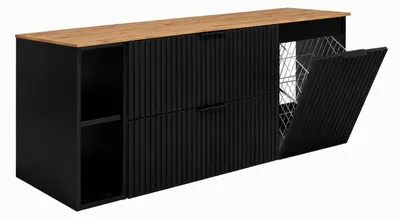 Image de Ensemble de meubles de salle de bain comprenant un panier à linge, de couleur noire, avec des poignées dorées, dimensions : 140 x 57 x 46 cm, Image générée par une IA