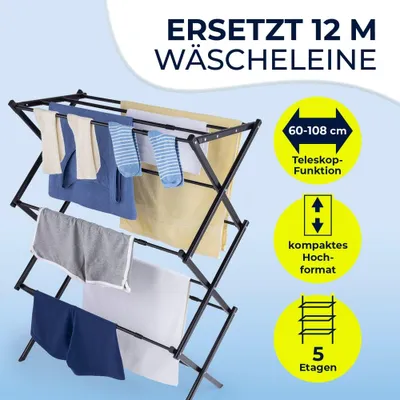 Imagen del producto de EASYmaxx, tendedero telescópico 1200, 12 metros de longitud de secado. Tendedero extensible y plegable, ideal para interiores y exteriores. Incluye accesorios para su almacenamiento