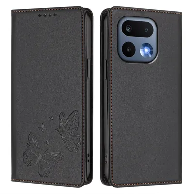 Image de Étui en cuir pour Realme 16 Pro, étui de protection type portefeuille en cuir gaufré « papillon » avec support, noir