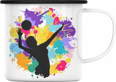 Produktbild von Trendation - Volleyball Geschenk Emaille Tasse Grafik Coach Herren Mädchen Kaffee Zubehör Volleyball-Spieler Spielerin (Schwarz)