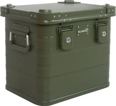 Produktbild von Alubox Premium 31 L - olivgrün - 42 x 31,5 x 35cm - Alukiste komplett Tarnbfarbe - Nieten Silber - Alukiste abschließbar - Angelbox Campingkiste - 31 Liter