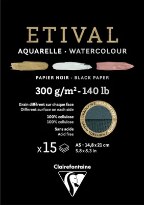 Produktbild von Clairefontaine 5x schwarzes Aquarellpapier, Block 15 Blatt A5, 975317C