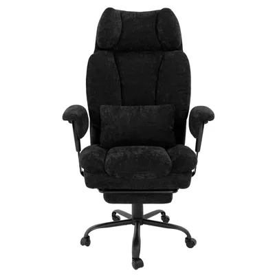 Produktbild von Puluomis Ergonomischer Bürostuhl mit Fußstütze, verstellbarer Rückenlehne und Armlehnen, Lendenkissen, Kopfstütze, Chenille-Bezug, bis 150kg schwarz