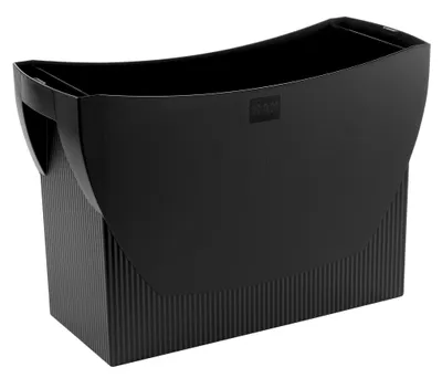 A black plastic magazine holder with a ribbed texture on the lower half and a curved opening at the top.