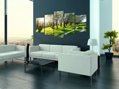 Produktbild von Akustikbild Bäume Weg 200x100 cm Bilder Akustikschaum Hochleistungsschallabsorber Schallschutz Leinwand 5 tlg Wandbild Raumakustik Schalldämmung c-B-0029-b-n
