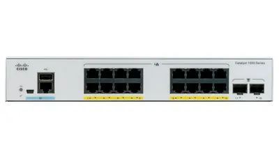 Produktbild von Cisco CAT1000L 18Port fixed managed L2 Switch: - 16x10/100/1000 Base-T (RJ45), PoE+ with 240W PoE budget, - 2x1GE SFP uplink Ports, internal PWR-ADPT, - 36Gbps switching Bandwidth, WebUI, USB-A, USB mini-B, - fanless, external Bluetooth dongle plugs into U