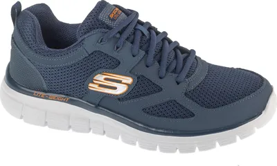 A single blue Skechers sneaker is shown against a white background.