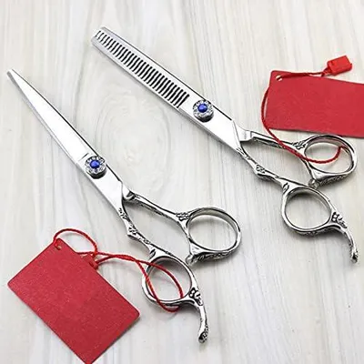 Image de Ensemble de ciseaux de coiffure professionnels, 6 pouces, ciseaux de coiffure pour gauchers en bois de prune, pour couper et effiler