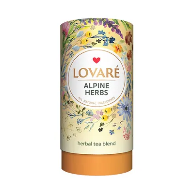 A cylindrical container of herbal tea with a floral design.