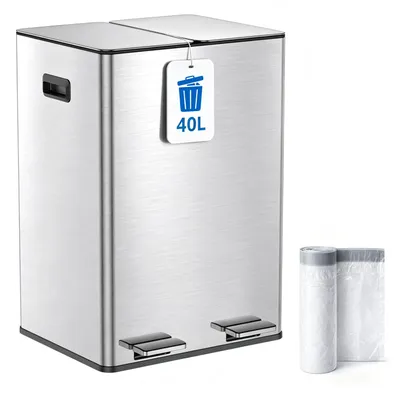 Productafbeelding van YEAUPE Vuilnisbak voor de keuken, 40 liter (2x20 liter), met 2 compartimenten, roestvrij staal, pedaalemmer