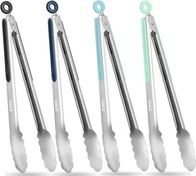 Produktbild von Grillzange Küchenzange, 30,5CM Grillzangen Edelstahl mit Verriegelung, Metall Zange Küche mit Rutschfestem Silikongriff, Kochzange Grill Zange Lang zum Kochen, Grillen, Heißluftfritteuse (4PCS)