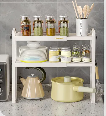 Image de Etagère de cuisine télescopique en plastique blanc à deux niveaux pour cuisinière à la maison 8512 2