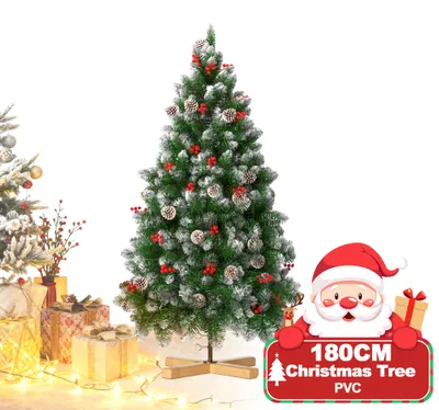 Image de Arbre de Noël artificiel QEENTOE, 180 cm, blanc avec effet neige et décorations en forme de cônes, en PVC, montage rapide, difficilement inflammable, inclut un pied d'arbre (1,8 m, vert)