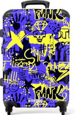 Produktbild von NoBoringSuitcases.com® Großer Koffer - Gelbes und schwarzes Graffiti auf lila Hintergrund - Kombinationsschloss TSA - Hartschalen Trolley 4 Rollen - 72 liter - Reisekoffer - 66 cmKoffer Mittelgroß 67x43x25 cm, 72L,