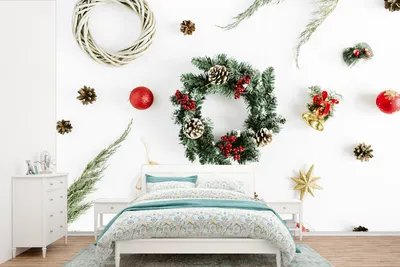 Produktbild von MuchoWow® Fototapete für Wohnzimmer oder Schlafzimmer Wandtapete Vinyl Motivtapete Winter - Kranz - Weihnachten - 390x260 cm - Papiertapete