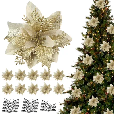 Image de Décorations de Noël en forme de fleurs, lot de 25 pièces avec clips – Fleurs scintillantes dorées pour sapin de Noël