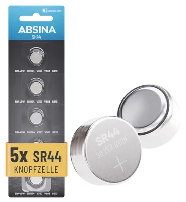 Produktbild von ABSINA 5er Pack SR44 Knopfzelle 1,55V Silberoxid - SR 44 Batterie - SR44 Batterie mit langer Haltbarkeit