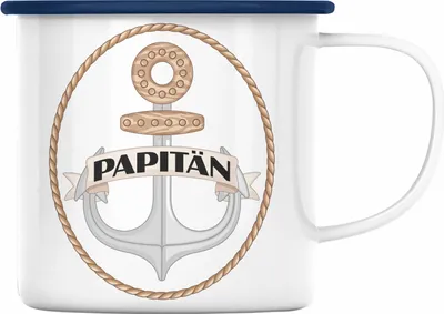Produktbild von Trendation - Papitän Emaille Tasse Geschenk Vater Papa Kapitän Segler Segelboot Geschenkidee Vatertag Anker (Blau)