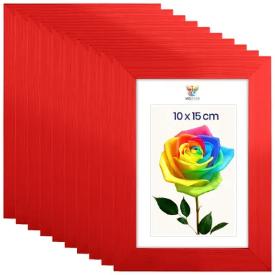 Produktbild von MG Design 10er Set Bilderrahmen Rot A6 10x15 cm - Echtholzrahmen mit Acrylglas, hoch/quer, zum Aufhängen & Aufstellen