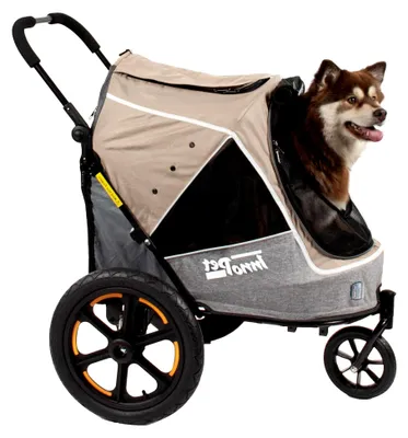 Produktbild von Hundebuggy und Fahrradanhänger für Hunde Sporty Evolution Latte 2-in-1 - Beige/Grau - Reflektoren und Sicherheitsleinen - Hundewagen für verschiedene Untergründe