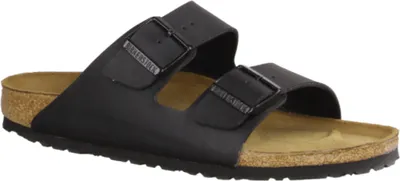 A black Birkenstock Arizona sandal is shown from a side-angle on a white background.