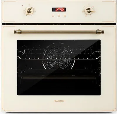 Produktbild von Klarstein Elizabeth, elektrická vstavaná rúra, retro dizajn, 70 l, 2200 W, EEK A, sebestačná, cirkulácia vzduchu / horný / spodný ohrev / gril, 50 - 250 °C, otočný ovládač a kľučka dvierok v mosadznom vzhľade, krémová