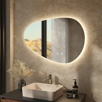 Image de Miroir de salle de bain LED Mirlux - 90x60cm - Design asymétrique sans cadre - 3 modes d'éclairage réglables - Fonction anti-buée - Étanchéité IP44 ettactile