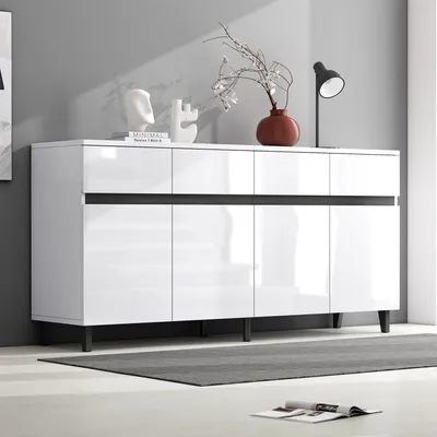 Produktbild von MODFU Hochglanz Kommode Sideboard mit 4 Schubladen, 2 Türen und höhenverstellbaren Regalböden, Schrank Buffet für Wohnzimmer, Schlafzimmer, Kinderzimmer, Jugendzimmer und Büro, Weiß