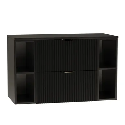 A black vanity cabinet with two drawers and open shelving on the sides, presented against a white background.